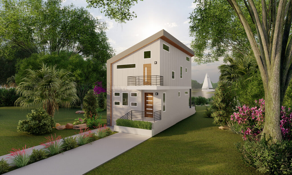 two story kit home exterior surrounded by trees