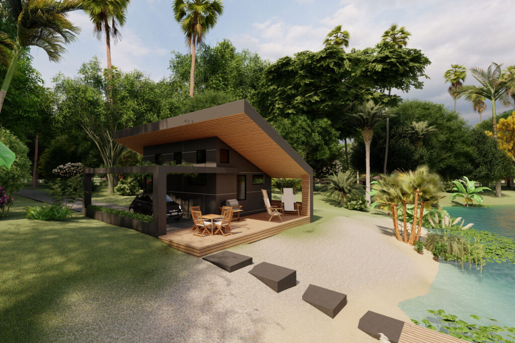 kit home rendering near tropical lagoon
