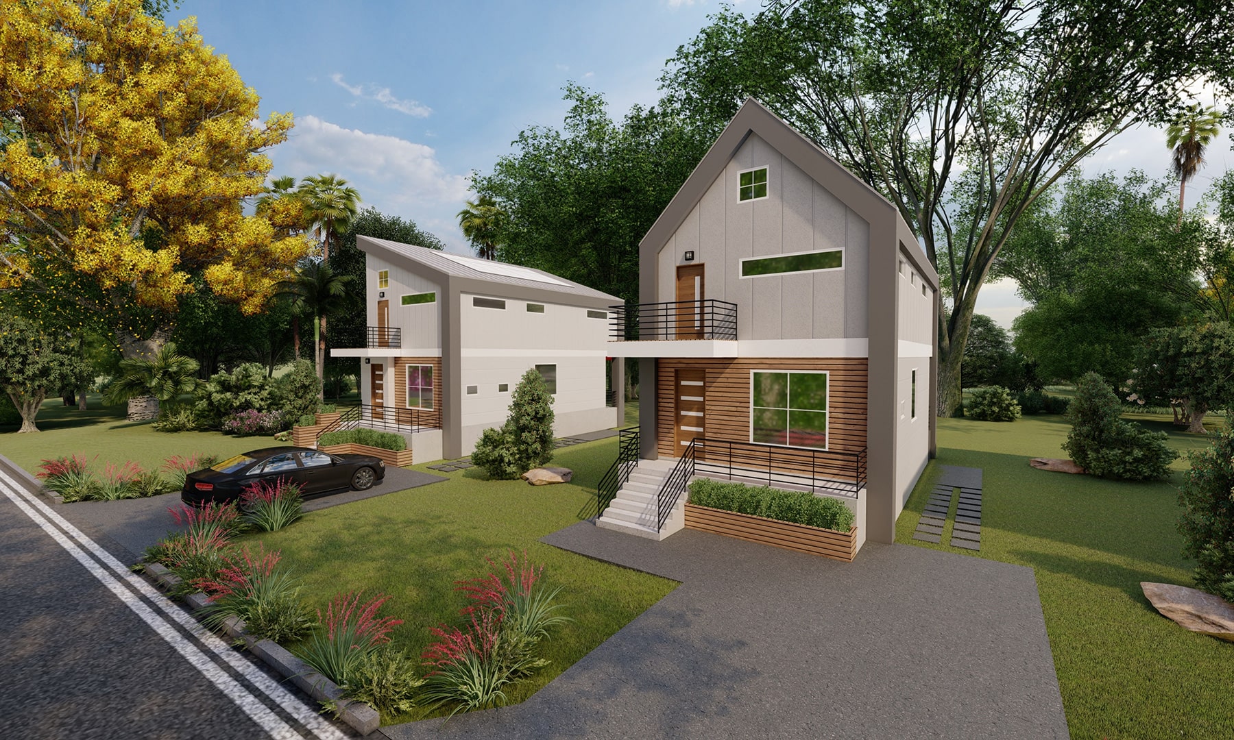 rendering of two kit homes with trees around the structures