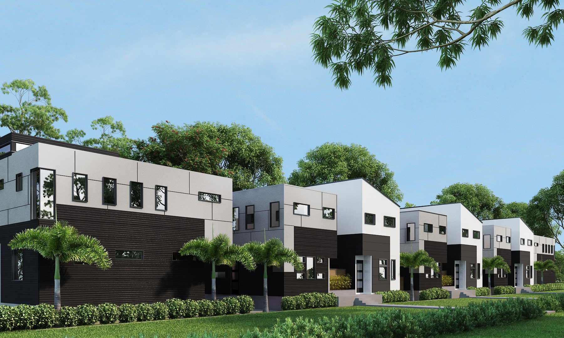 row of modern homes with white and black solid exterior walls