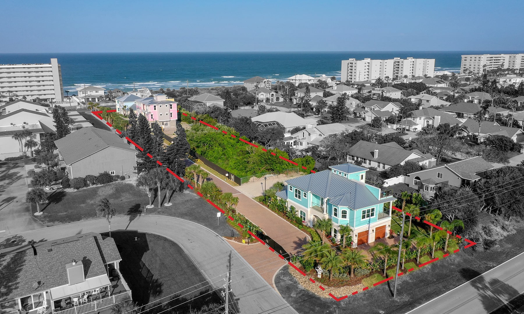 Ponce Inlet Key community boundary shown as red border in photo from above
